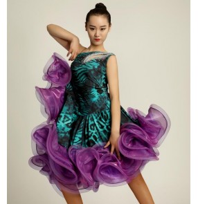 Turquoise leopard printed violet patchwork fish bone skirt hem women's ladies female competition performance ballroom tango salsa cha cha dance dresses outfits